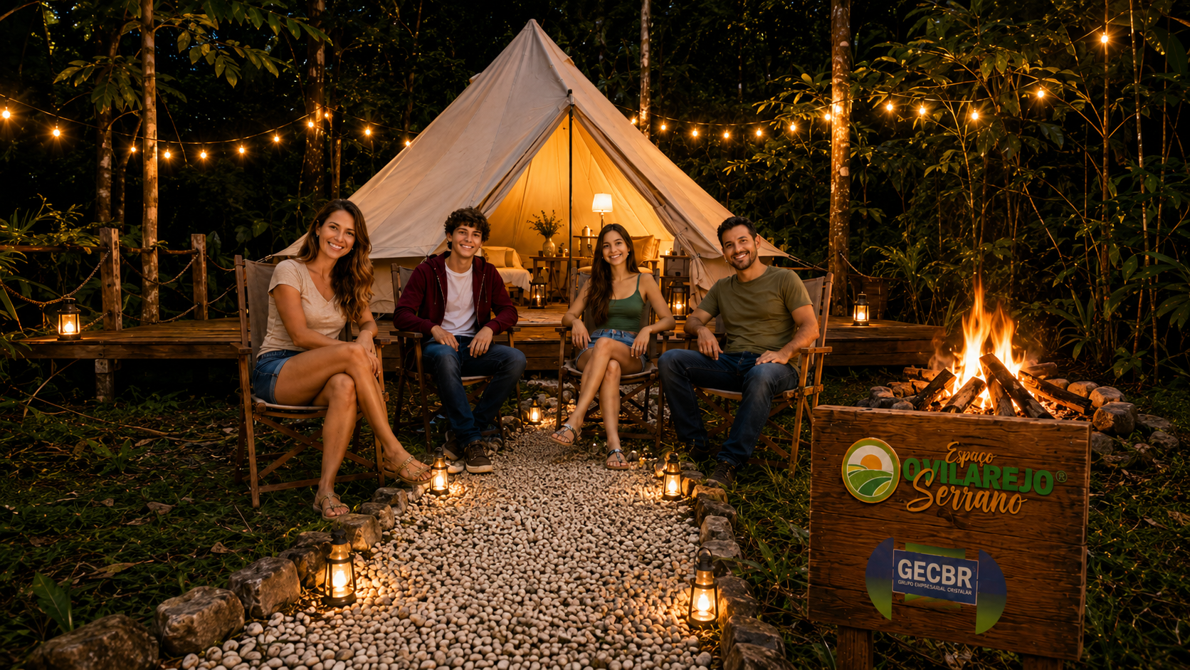 Família relaxando na natureza no Espaço O Vilarejo Serrano